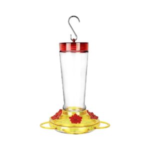 Outdoor Hanging Glass Hummingbird Feeder with Red Flowers and Feeding Holes