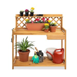 Outdoor Potting Bench with Storage Shelf and Lattice Back