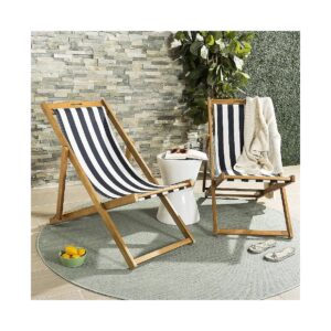 Outdoor Sling Chair with Teak Wood Frame and Navy Stripe Polyester Upholstery