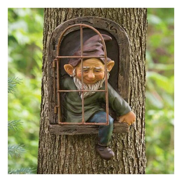 Outdoor Tree Sculpture with Climbing Elf and Realistic Metal Window for Garden Decor