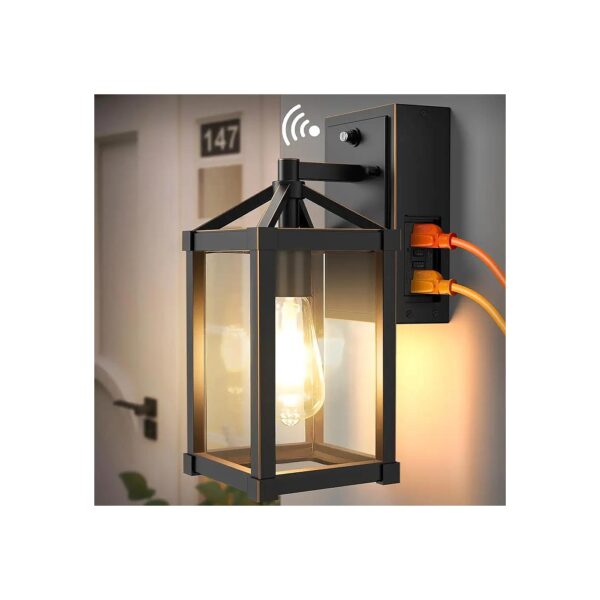 Outdoor Wall Lantern with GFCI Outlet, Dusk to Dawn Sensor, and Classic Black Finish