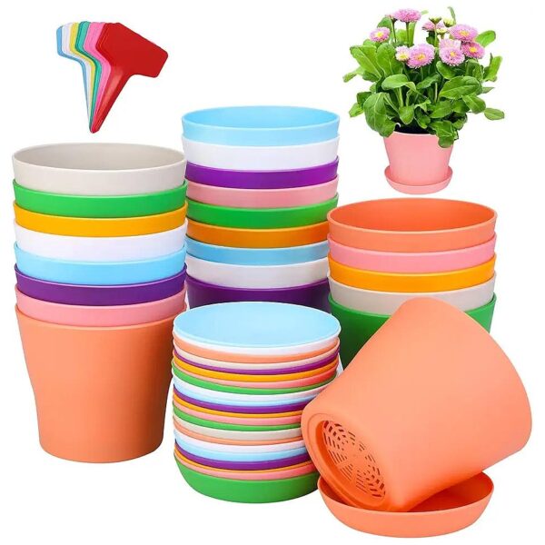 Pack Flower Pots with Saucers and Labels for Indoor and Outdoor Plants, 8 Colors