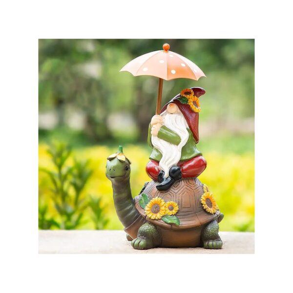 Painted Resin Gnome Figurine Sitting on Turtle with Solar-Powered Umbrella Lights