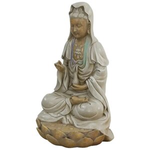 Peaceful Guan Yin Statue Seated on Lotus Lotus Blossom Decoration