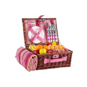 Pink Stripe Wicker Picnic Hamper for Camping, Outdoor Parties, and Family Gatherings