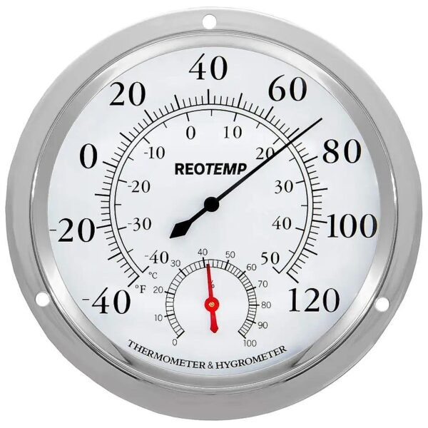 Polished Metal and Glass Analog Wall Mount Thermometer Hygrometer with Glass Lens