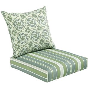 Premium 24 Inch Green Grey Damask Striped Indoor Outdoor Cushion with Deep Seat Design