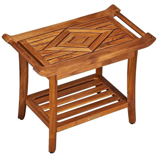 Premium Teak Shower Chair with Teak Oil Finish, Leveling Feet, and Storage Shelf