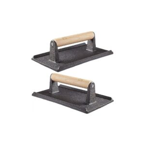 Pro Grade Pre-Seasoned Cast Iron Grill Weight 2Pk with Wooden Handle for Gourmet Grilling