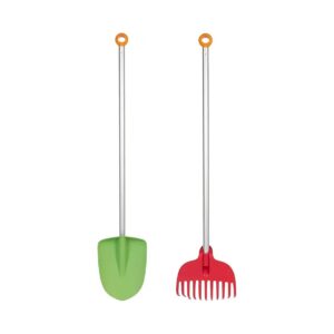 Properly Sized Red Green Plastic Leaf Rake Shovel Set For Kids Gardening