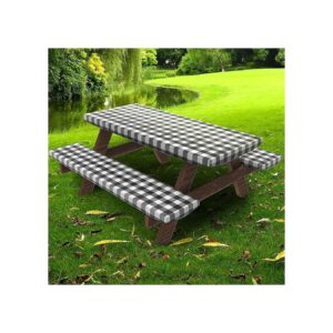 Protective Black Plaid Picnic Table Cover with Bench Covers for 6 Foot Rectangle Tables