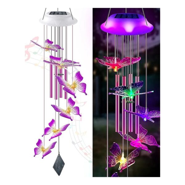 Purple LED Solar Wind Chimes with Changing Colors Butterfly Gift Pattern