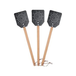 Quality Leather and Wood Fly Swatter Set for Home, Office, or Workshop Use - 3 Pack Black