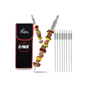 Quality Stainless Steel Kebab Skewers with Patented Push Bar - 8 Pack for BBQ Grilling