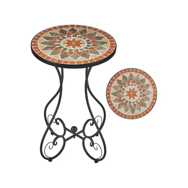 Quilt Star Patterned Ceramic Tile Top End Table for Indoor and Outdoor Use