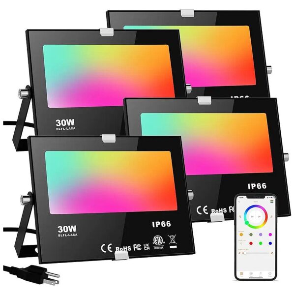 RGB LED Flood Light 4-Pack, 30W, 2700K, Bluetooth Mesh