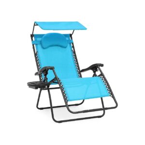 Reclining Steel Mesh Patio Lounge Chair with Folding Canopy and Cup Holder Aqua