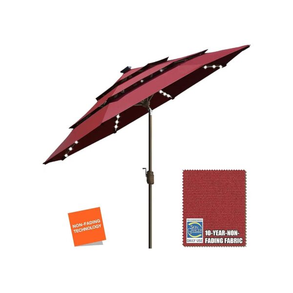 Red 9ft Patio Umbrella with Solar Powered LED Lights and Ventilation for Outdoor Tables