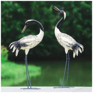 Red Crowned Crane Metal Yard Art Statues Set of 2 for Garden Decorations