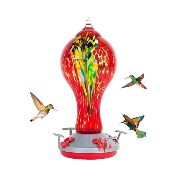 Red Glass Hummingbird Feeder with 4 Feeding Stations and Metal Base