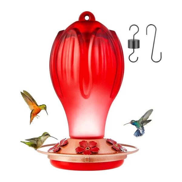 Red Glass Hummingbird Feeder with 5 Feeding Ports and Perch for Outdoor Use