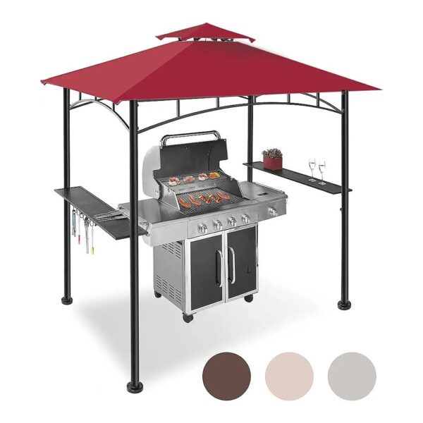 Red Grill Gazebo Canopy with Shelves and LED Lighting for Outdoor BBQ