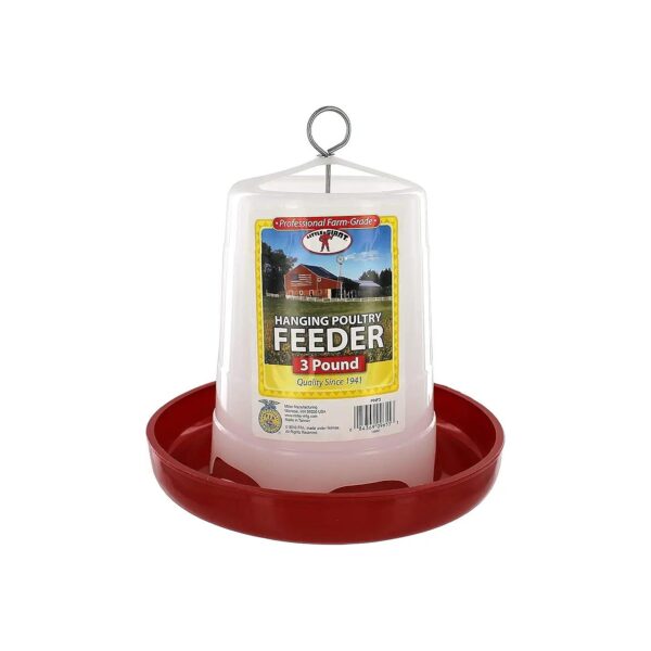 Red Hanging Poultry Feeder with Adjustable Feed Levels for Minimizing Spillage