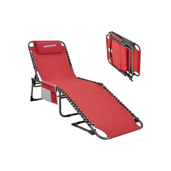 Red Heavy Duty Outdoor Folding Chaise Lounge Chair with 5-Position Recline and Storage