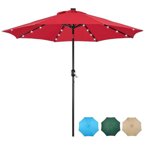 Red Patio Umbrella with Solar-Powered LED Lights and Automatic Crank Lift System