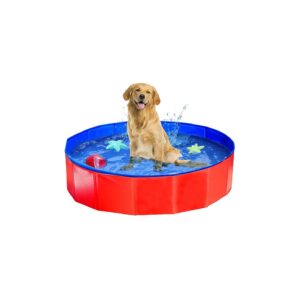 Red Round Foldable Pet Dog Kids Swimming Pool Bathing Tub 32x8 Plastic PVC Material