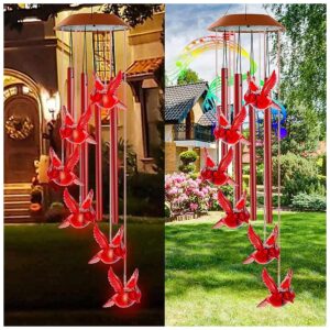 Red Solar Powered Cardinal Bird Wind Chimes with 4 Musical Metal Tubes