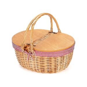 Red Stripe Wicker Picnic Basket with Double Handle and Split Lid for Picnic or Camping