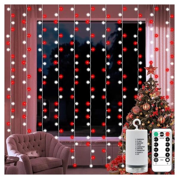 Red White Christmas Curtain Lights with 300LED Bulbs and 8 Different Lighting Modes