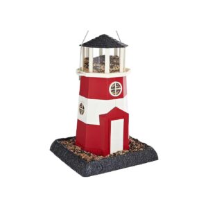 Red White Lighthouse Birdfeeder with Squirrel Proof Hanging Cable and Pole Mount Option