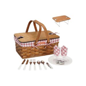 Red Woodchip Picnic Basket with Portable Wine Table and Woven Handles