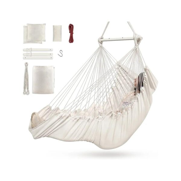 Relax and Unwind with Our White Hanging Hammock Chair featuring 3 Cushions and Footrest