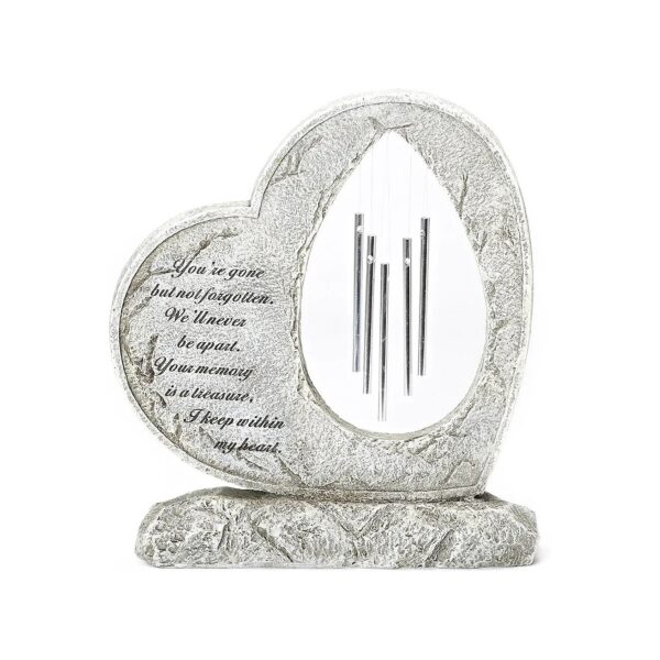 Resin Stone Heart Shaped Wind Chime Figurine with Gray Color and Metal Accents