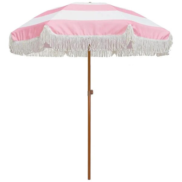 Riviera Pink Stripe Patio Umbrella with Wood Color Steel Pole and 8 Steel Ribs