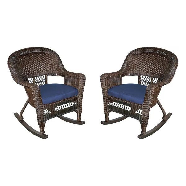 Rocker Wicker Chair with Blue Cushion Set of 2 Espresso Durability