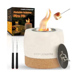 Round Concrete Tabletop Fire Pit with Extendable Smores Sticks and Portable Design