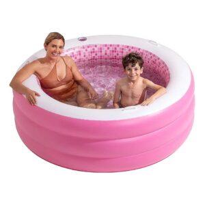 Round Portable Pink Pool with Cushioned Bottom and Cup Holder for Adults and Kids