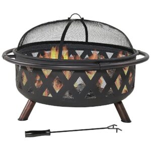 Round Wood-Burning Fire Pit with Metal Spark Screen and Poker for Safe Outdoor Use