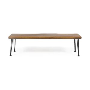 Rustic Metal and Teak-Colored Acacia Wood Bench with Industrial Design Hairpin Legs