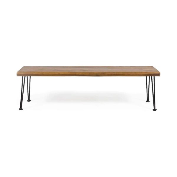 Rustic Metal and Teak-Colored Acacia Wood Bench with Industrial Design Hairpin Legs