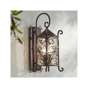 Rustic Outdoor Wall Lighting Fixture with Dark Walnut Iron Scroll and Clear Glass