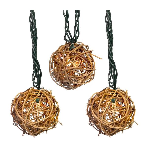 Rustic Rattan Christmas String Lights with 10 Brown Mini Natural Globe Balls