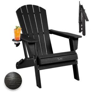 SGS Tested Heavy-Duty Folding Black Adirondack Chair with Ergonomic Design and Cup Holder