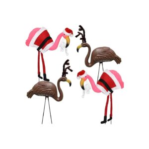 Santa and Reindeer Flamingos Yard Ornaments for Christmas Holiday Season