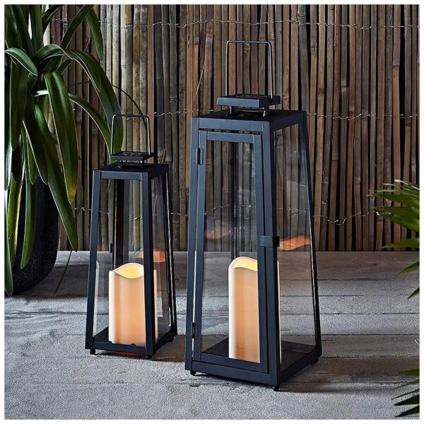 Set of 2 Black Metal Solar Powered LED Outdoor Candle Lanterns with Weatherproof Design