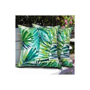 Set of 2 Fade-Resistant Outdoor Indoor Green Palm Leaves Patio Throw Pillows with Inserts